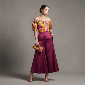 VTG Nina Ricci Boutique Floral Textured Blouse FR 42/US 10 Yellow Puff Sleeve